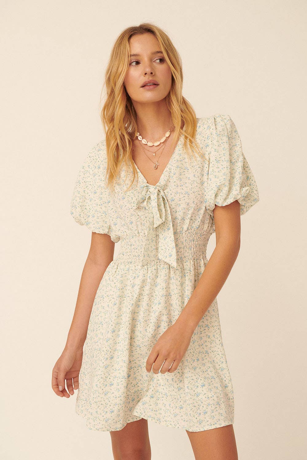 Floral V Neck Tie Puff Sleeve Smock Mini Dress S / Powder Blue