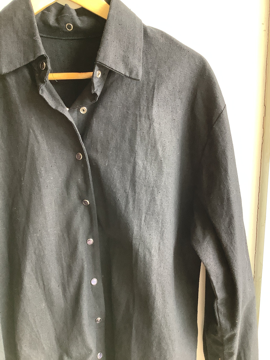 Black Linen+Cotton Blend Button Up