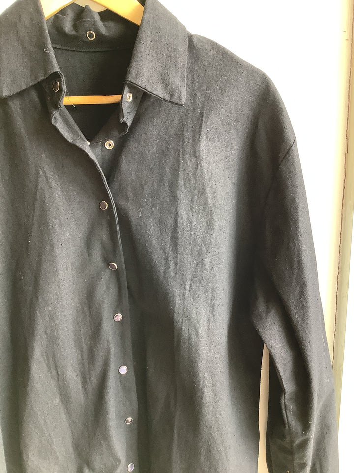 Black Linen+Cotton Blend Button Up