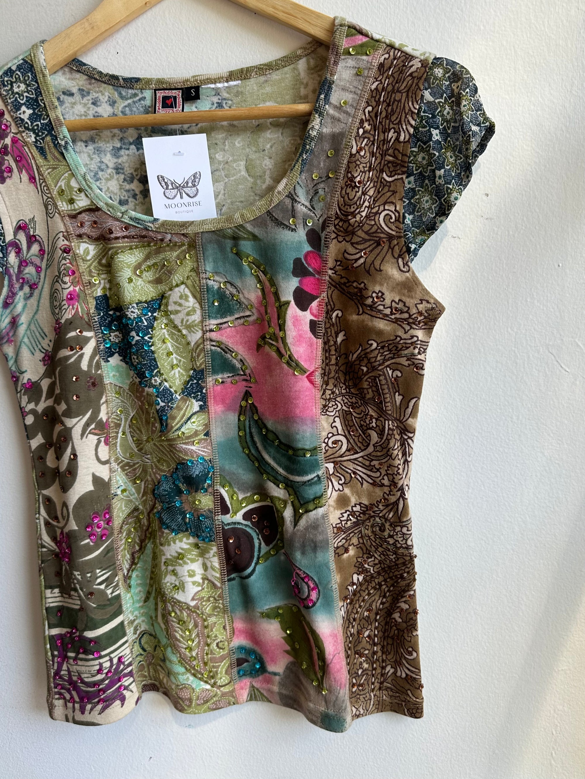 Vintage Y2K Boho Patchwork Cap Sleeve Top | Size Small
