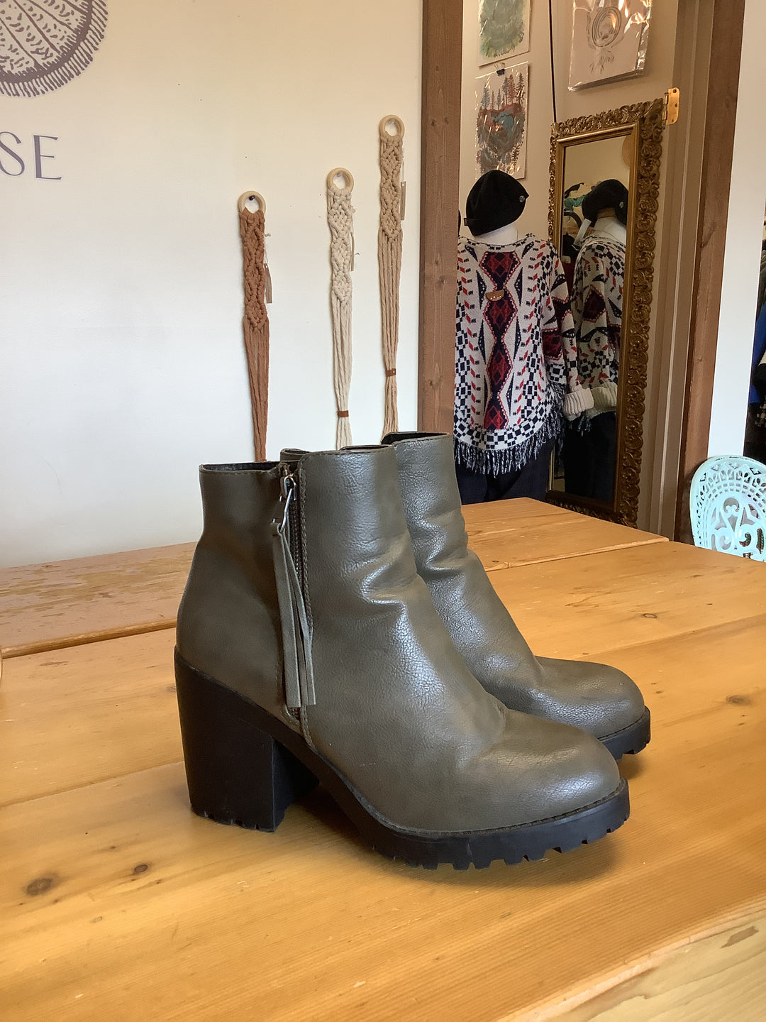 Olive Green Chunky Heel Ankle Boots