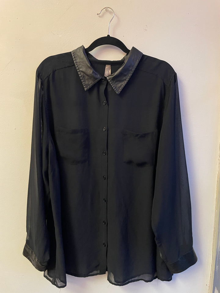Black Sheer Faux Leather Trim Blouse