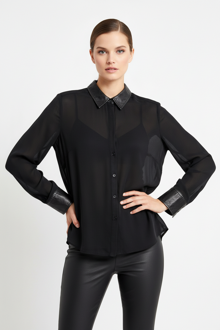 Black Sheer Faux Leather Trim Blouse