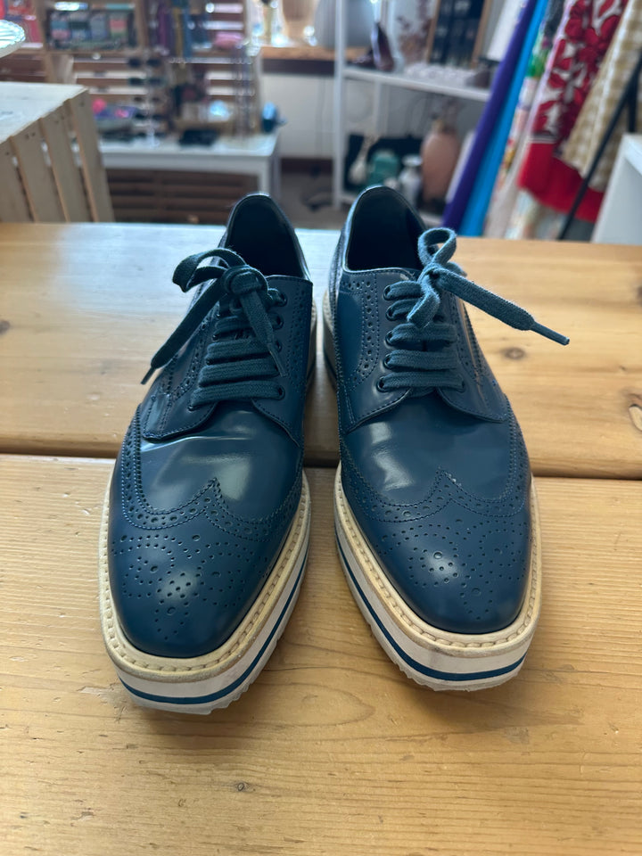 Prada Blue Brougue Leather Wingtip Platform Derby Sneakers Size 38