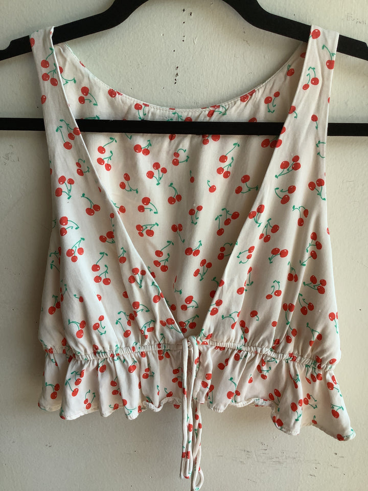 Cherry Print Drawstring Peplum Crop Top