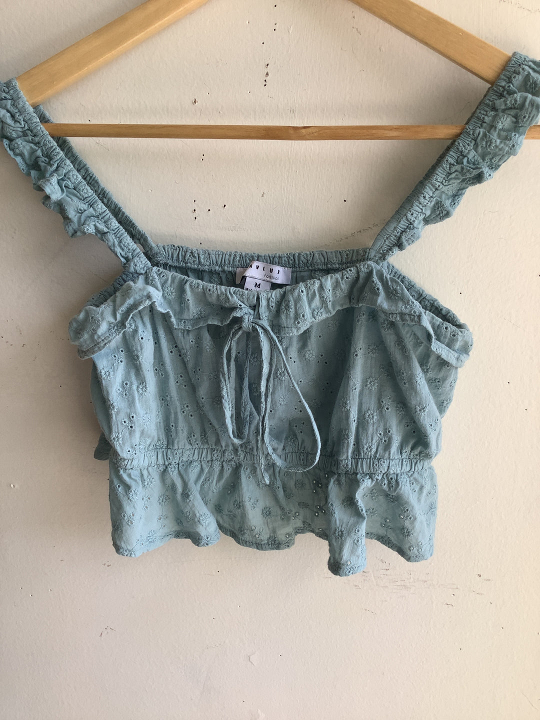 Sage Eyelet Ruffle Crop Top