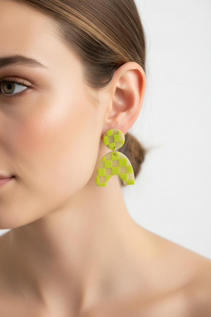 Kactus Blue Checkered Lime Green Clay  Earrings