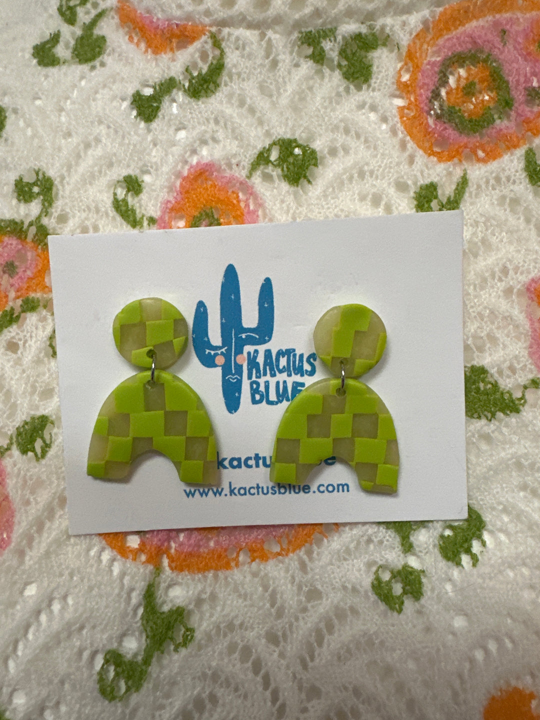 Kactus Blue Checkered Lime Green Clay  Earrings