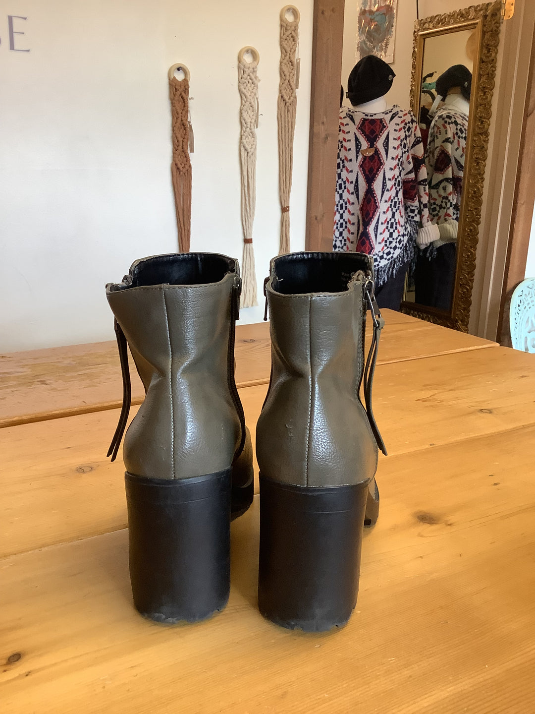 Olive Green Chunky Heel Ankle Boots