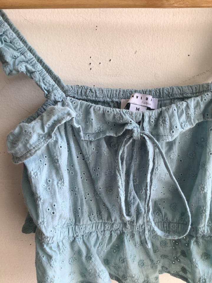 Sage Eyelet Ruffle Crop Top
