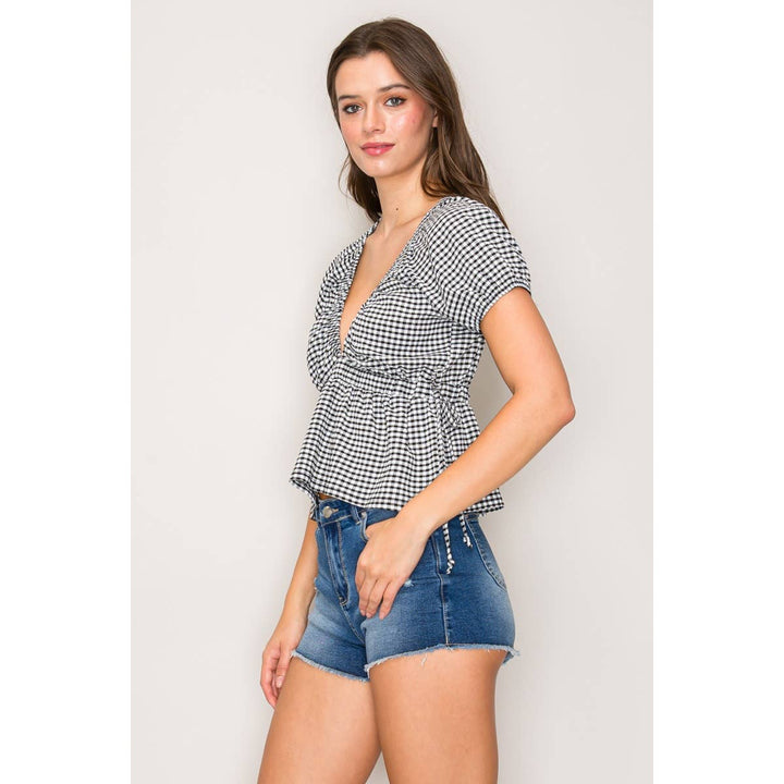 Gingham V-Neck Top with Side Tie and Puff Sleeve
