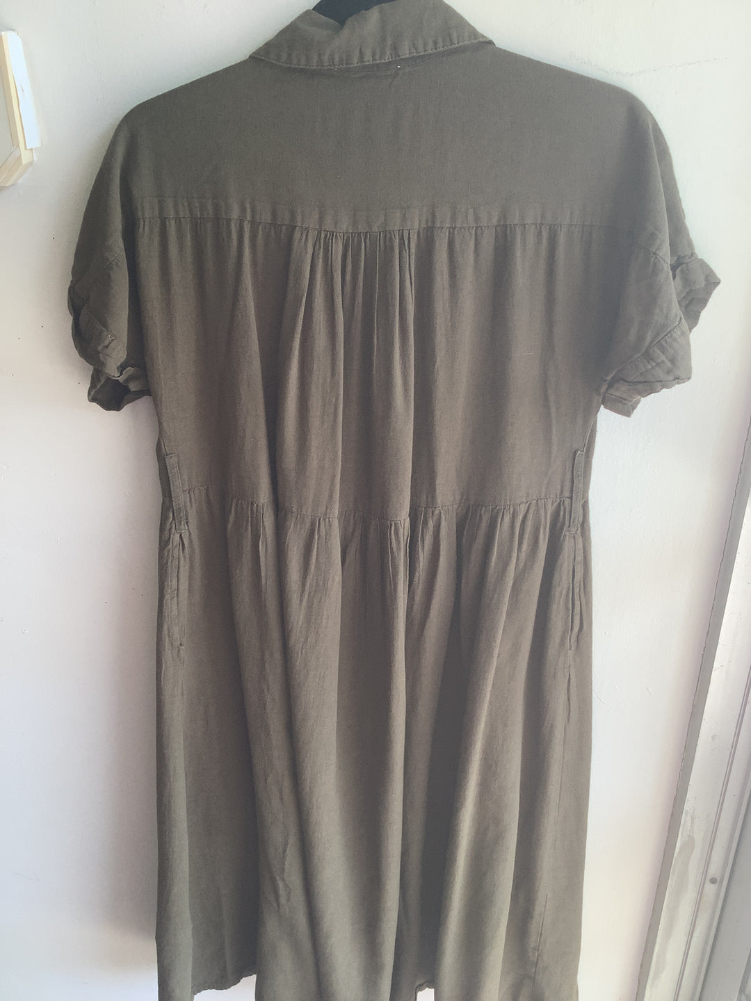 Suzy Shier Olive Linen Blend Midi Shirt Dress
