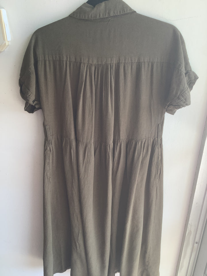 Suzy Shier Olive Linen Blend Midi Shirt Dress