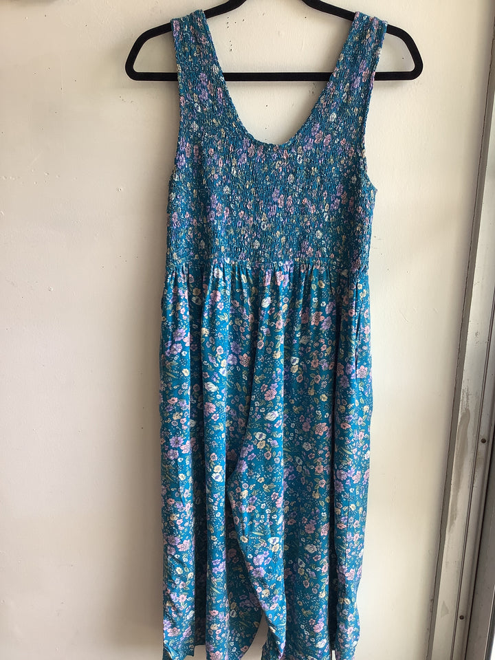 Teal Floral Smocked Capri Romper