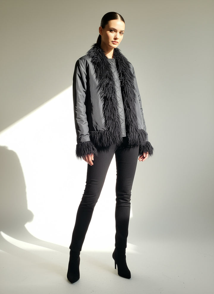 Y2K Suzy Shier Faux Fur Trim Black Jacket