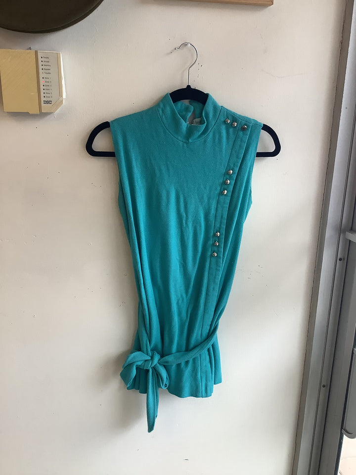 Vintage Teal Mock Neck Belted Top