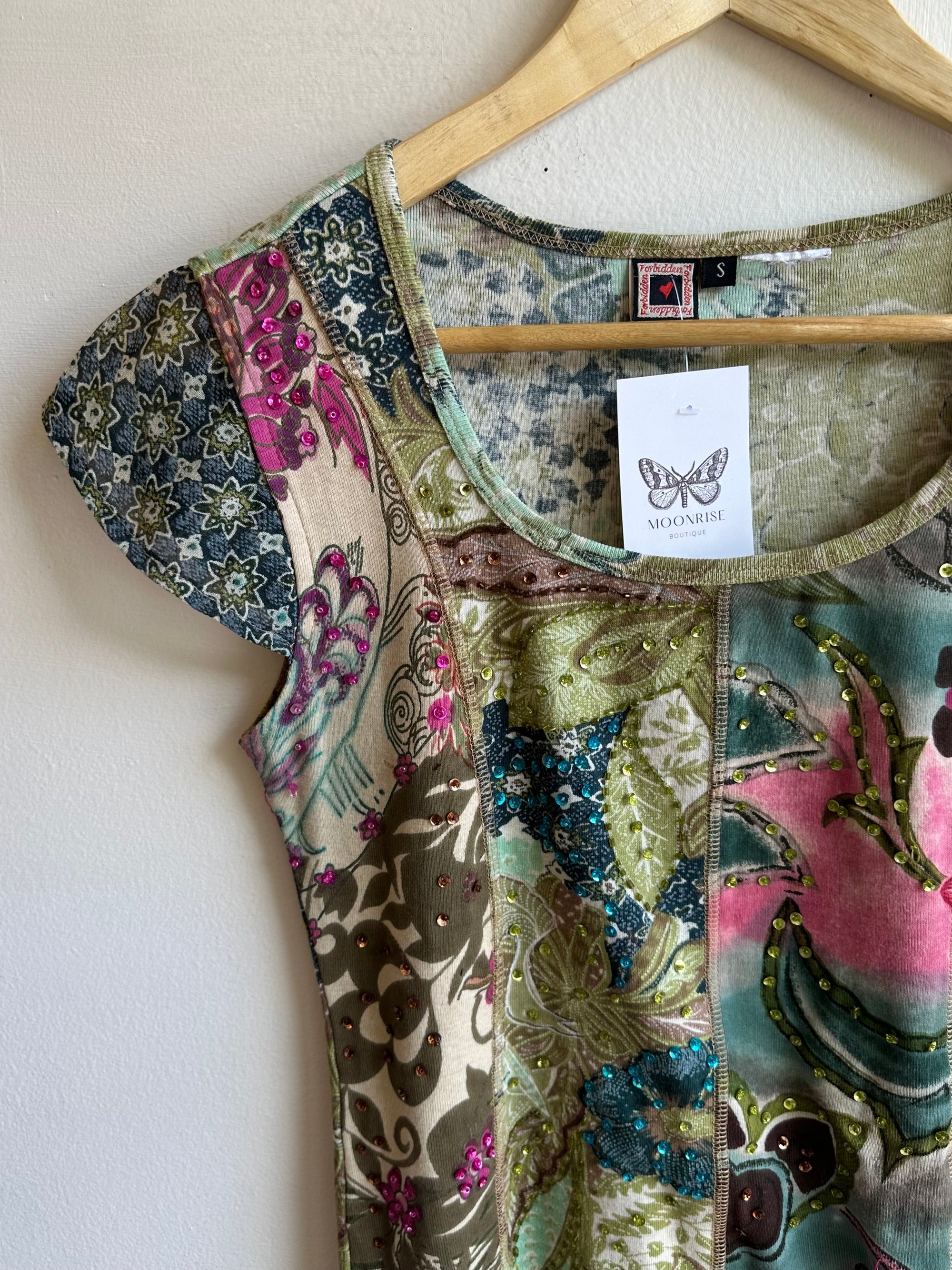 Vintage Y2K Boho Patchwork Cap Sleeve Top | Size Small