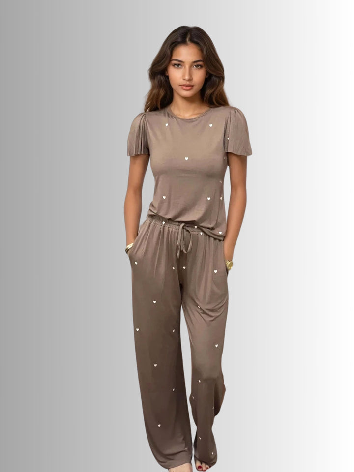 Heartfull PJ – Silky Printed Pajama Set 2PC In Mochacinno Hearts