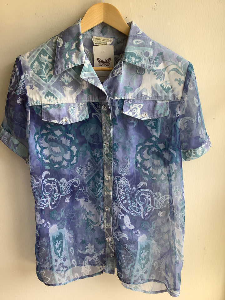 Vintage Sheet Western Shirt | Blue Paisley Bloom | Size Medium