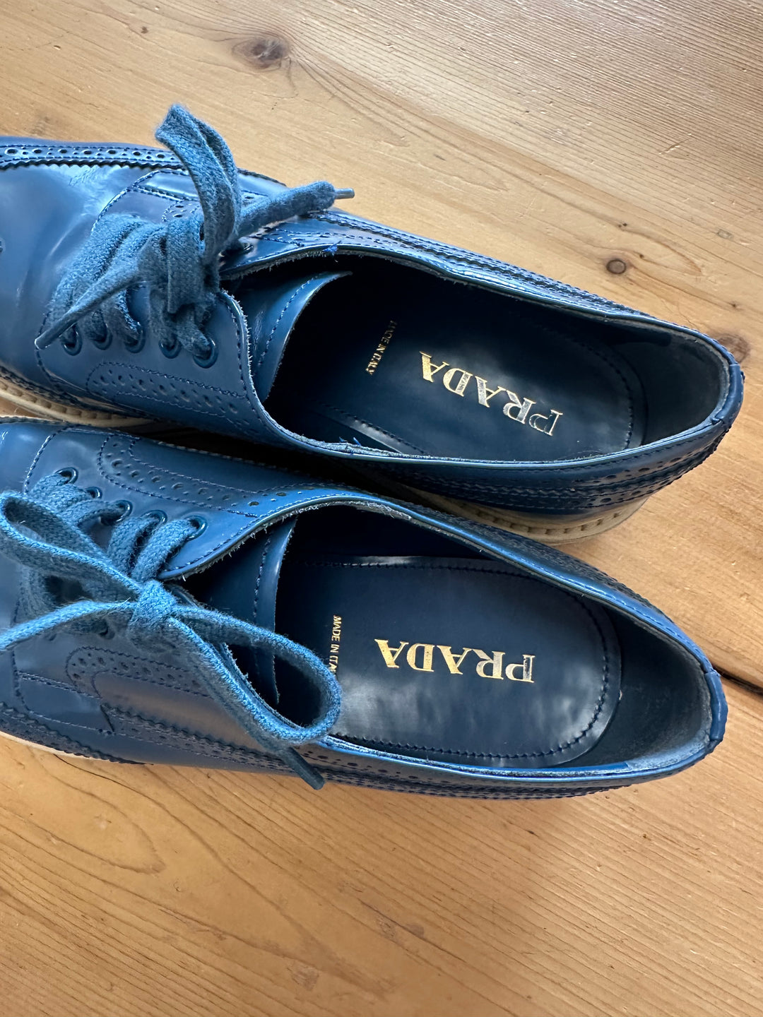 Prada Blue Brougue Leather Wingtip Platform Derby Sneakers Size 38