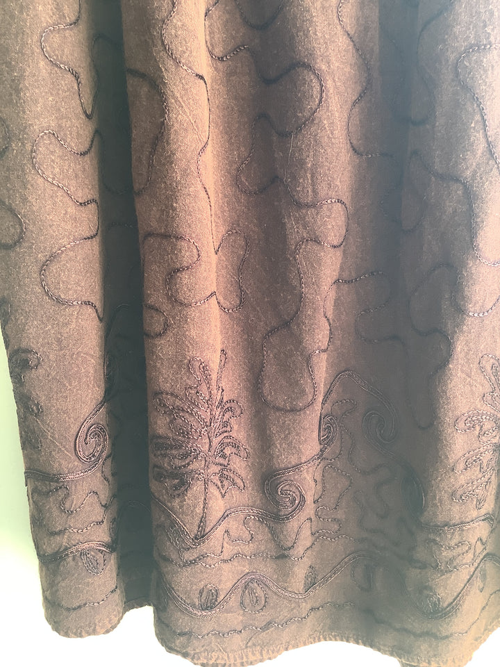 Brown Embroidered Rayon Midi Skirt