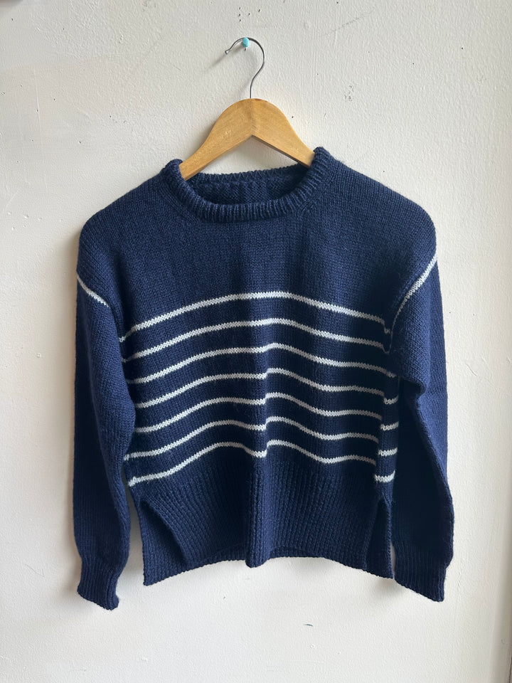 Debbie Svensson Hand Knit Navy Striped 100% Wool Sweater