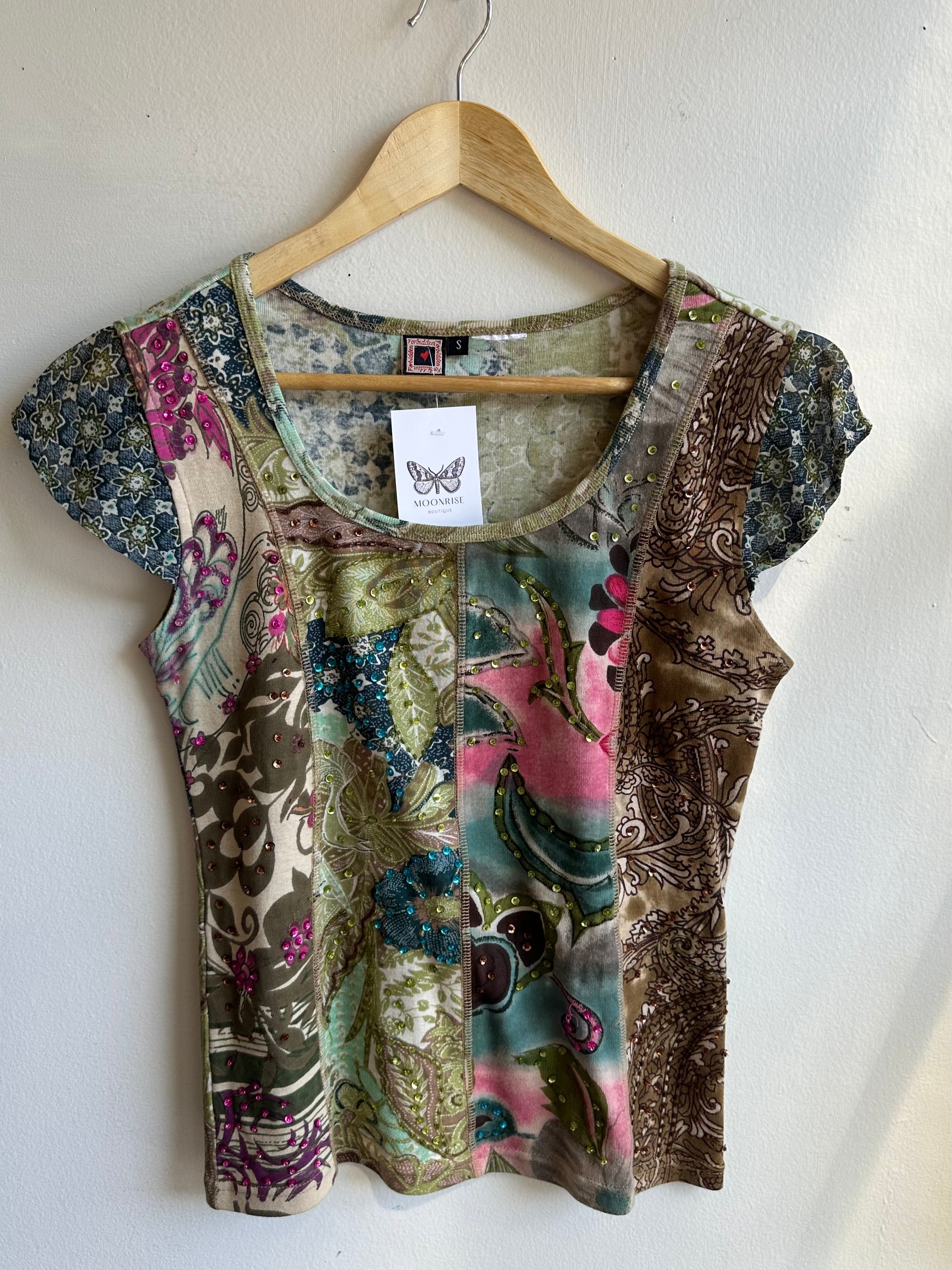 Vintage Y2K Boho Patchwork Cap Sleeve Top | Size Small
