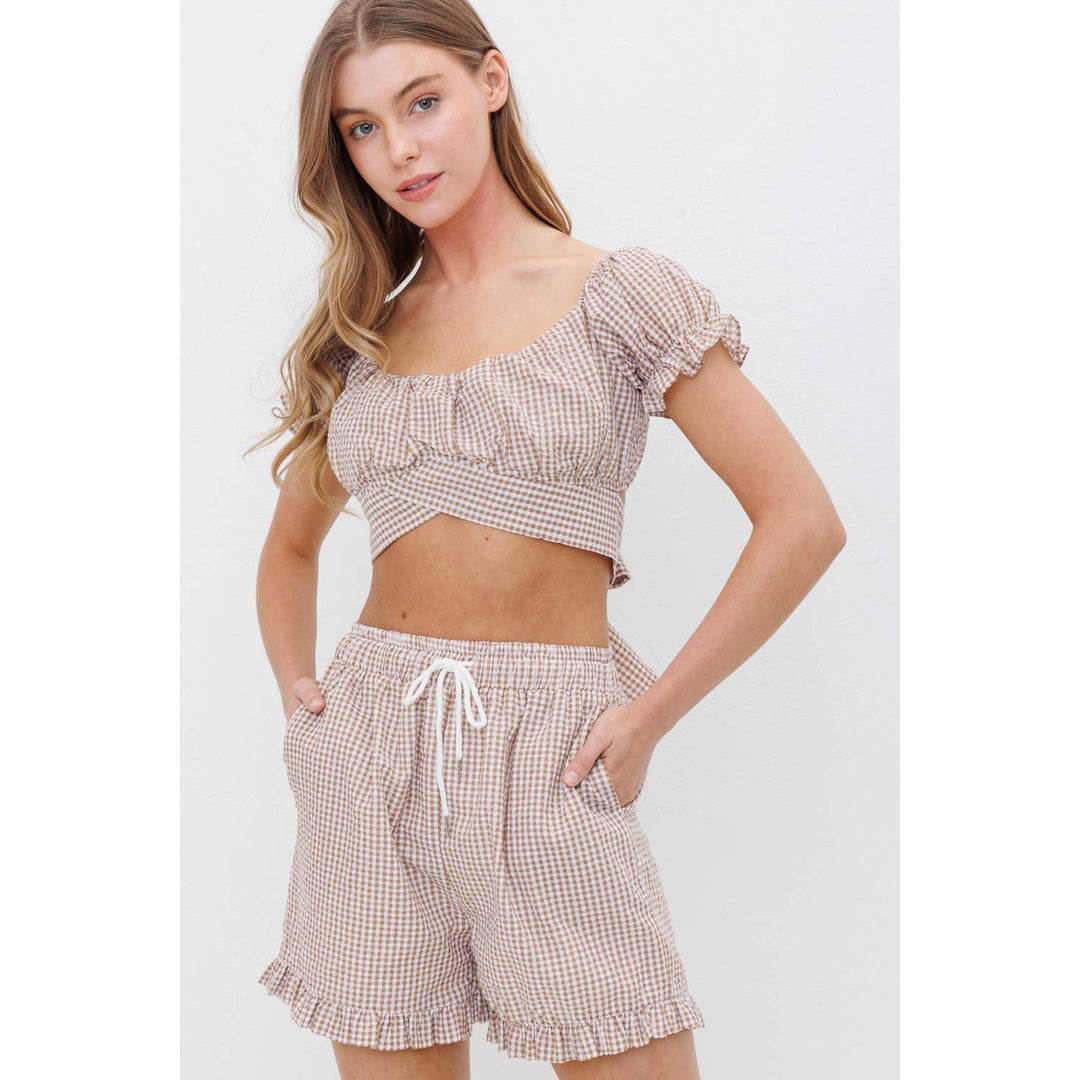 Ruffled Gingham Shorts With Tie
