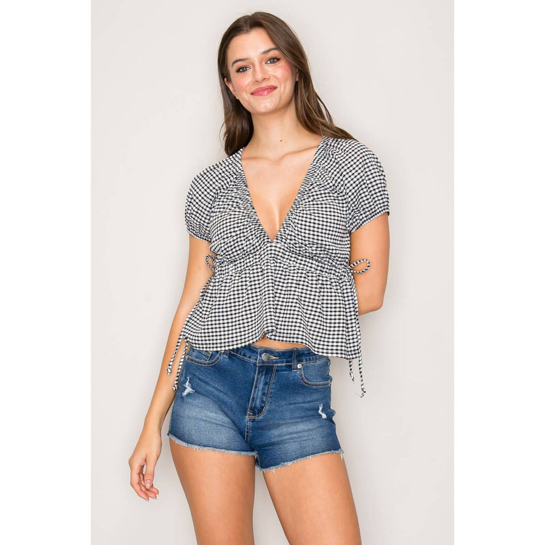 Gingham V-Neck Top with Side Tie and Puff Sleeve