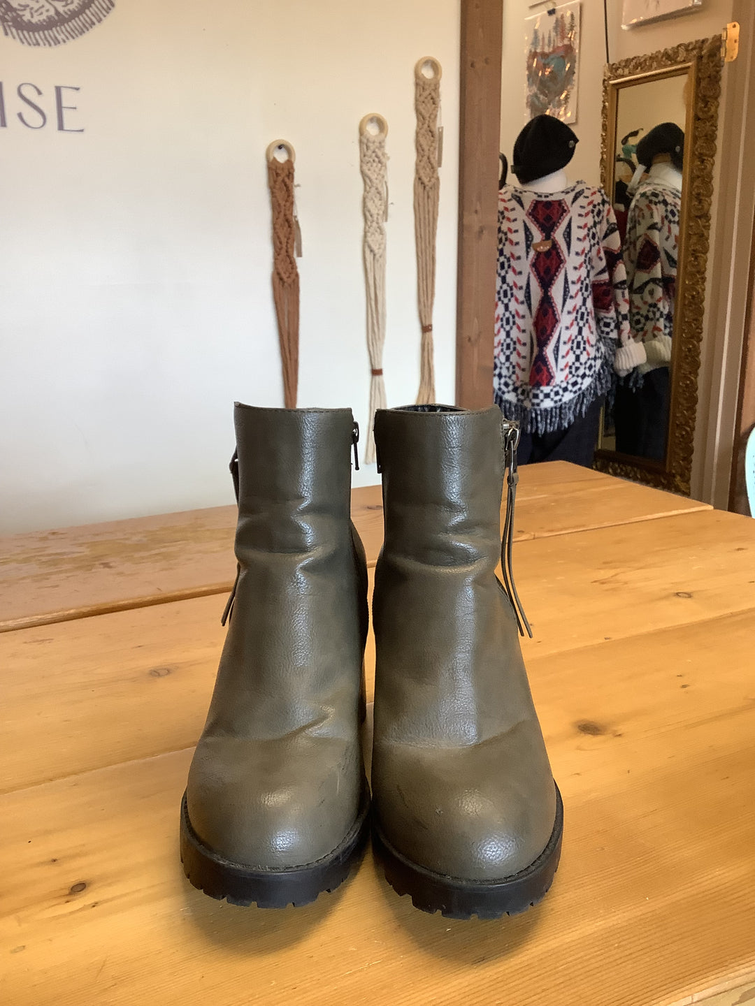 Olive Green Chunky Heel Ankle Boots