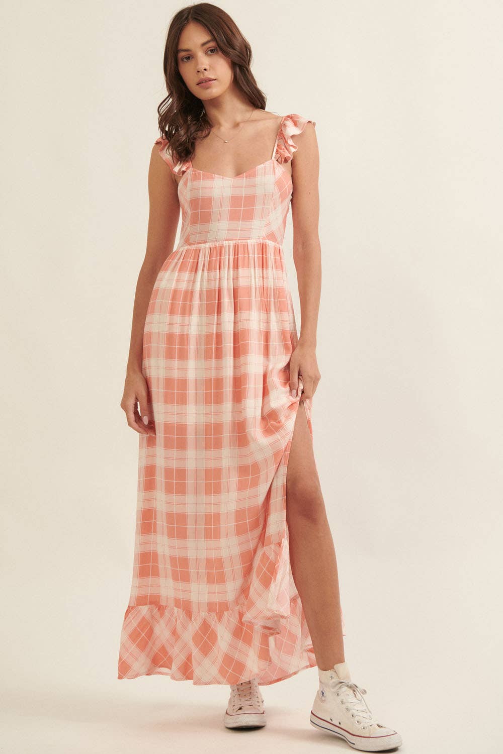 Plaid Sweetheart Sleeveless Open Back Maxi Dress