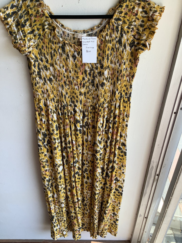 Mustard Floral Smocked Midi Dress
