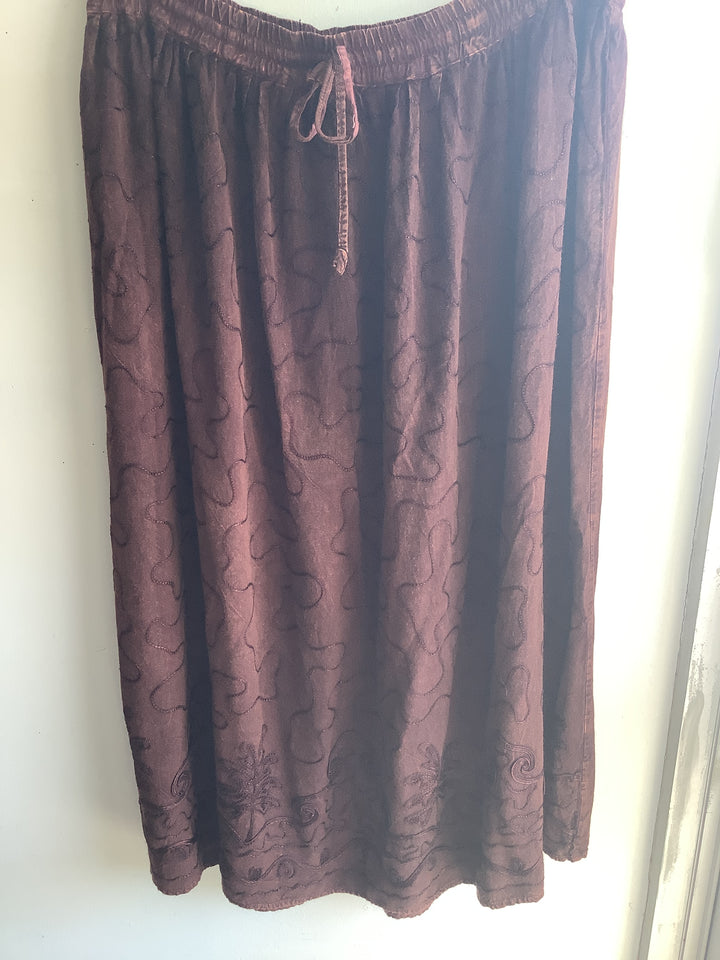 Brown Embroidered Rayon Midi Skirt