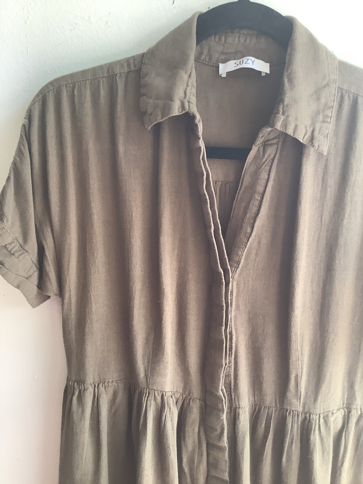 Suzy Shier Olive Linen Blend Midi Shirt Dress