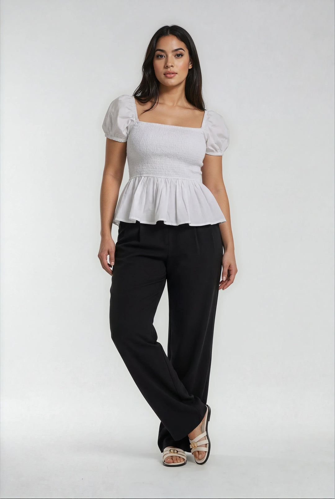 Sera – Cotton Poplin Puff Sleeve Peplum Blouse Top In White