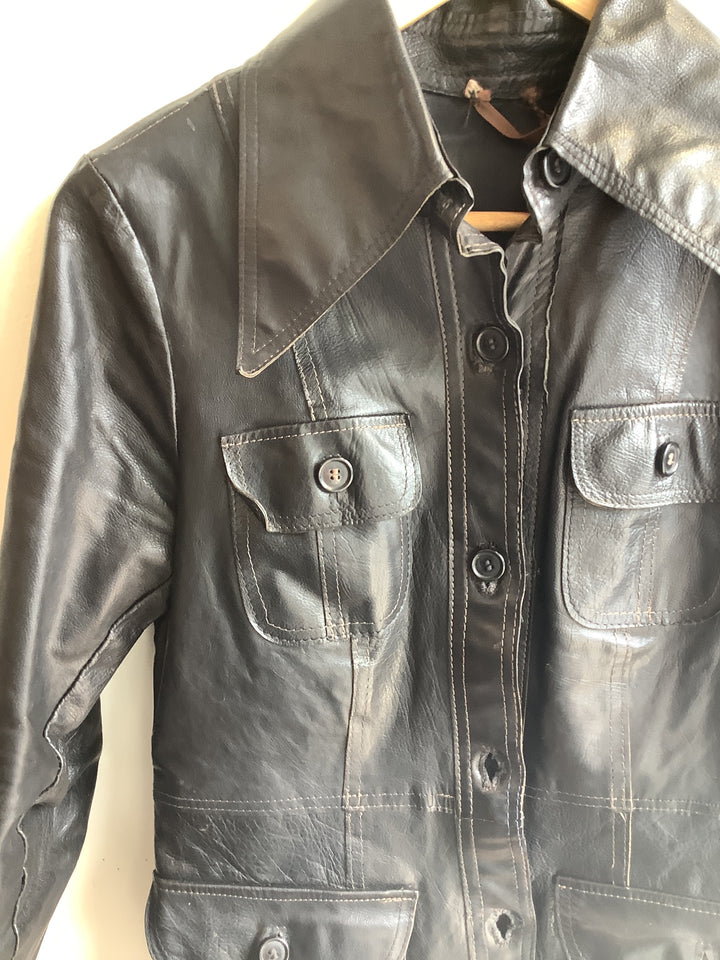 Vintage Black Leather Utility Jacket