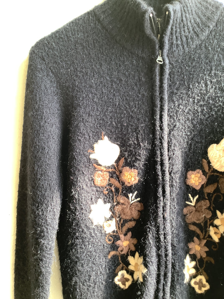 Vintage Black Floral Embroidered Zip Cardigan
