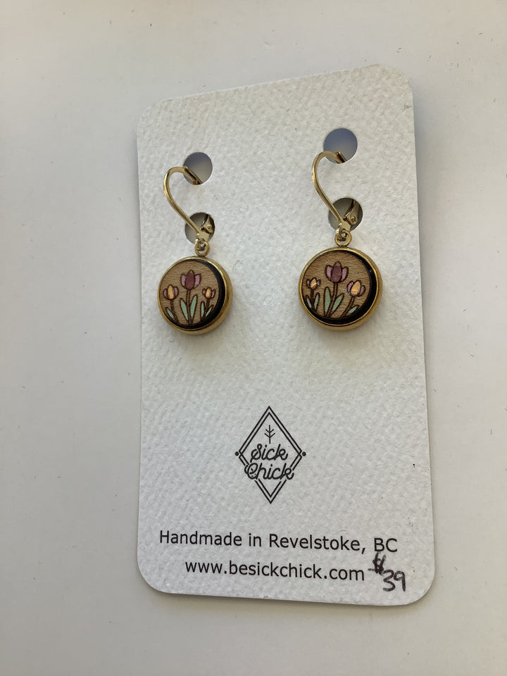Purple Tulips Wooden Dangle Earrings - Sick Chick (Revelstoke, BC)