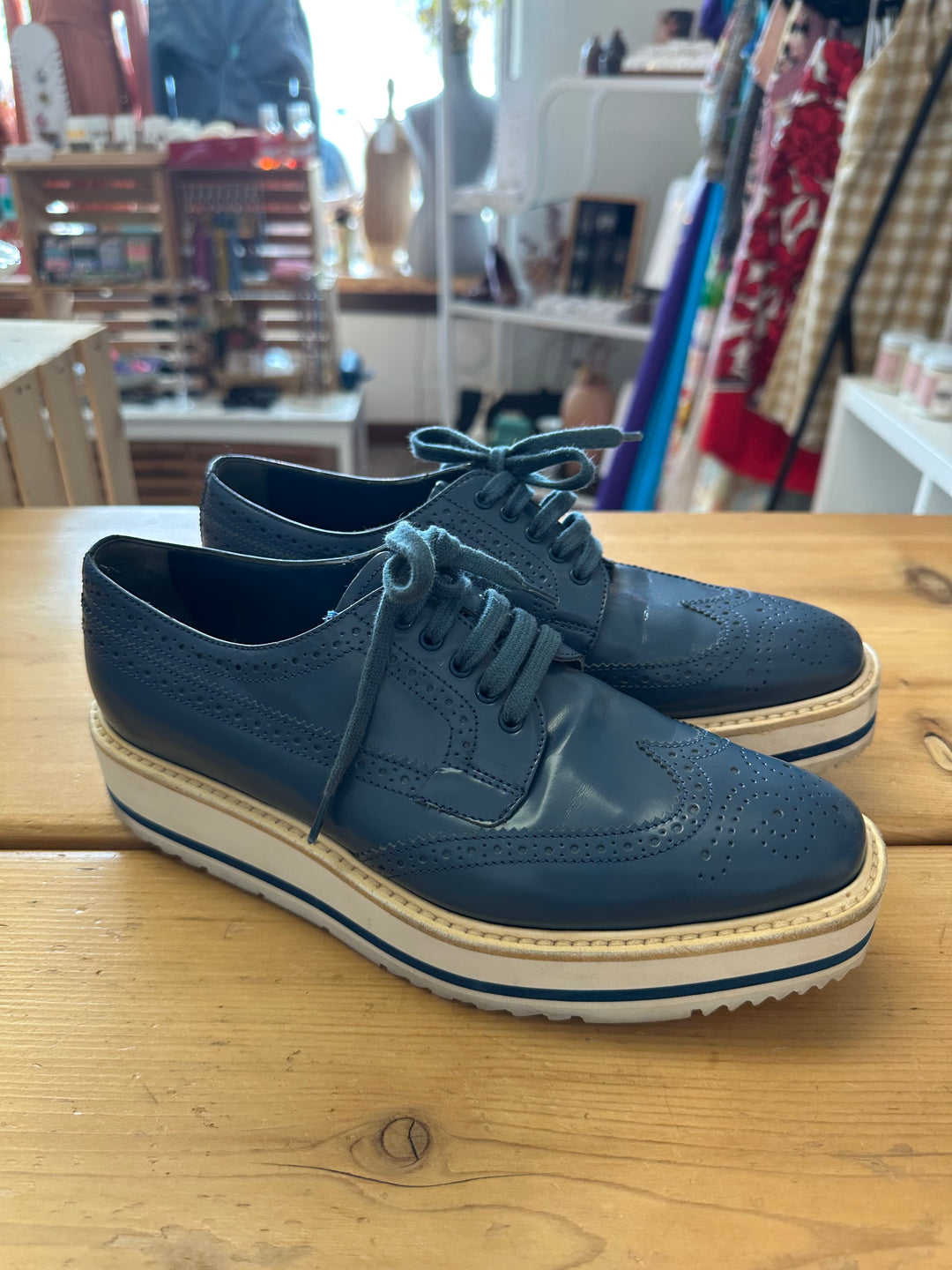 Prada Blue Brougue Leather Wingtip Platform Derby Sneakers Size 38