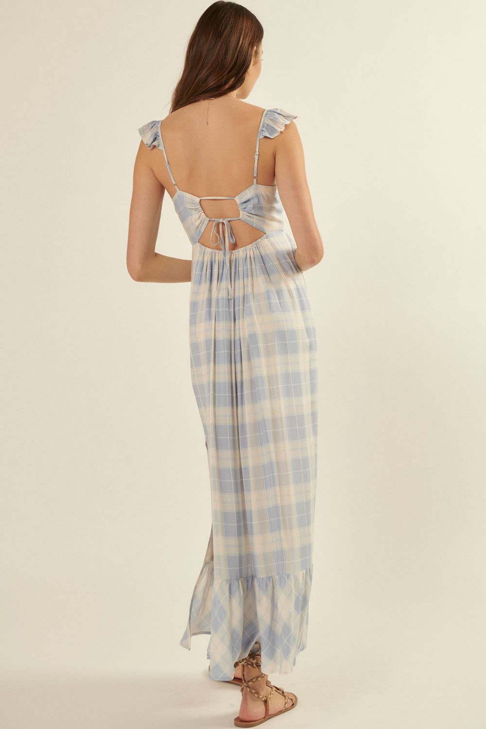 Plaid Sweetheart Sleeveless Open Back Maxi Dress
