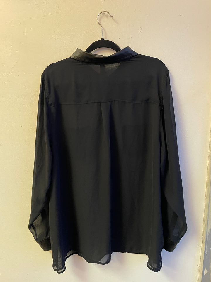 Black Sheer Faux Leather Trim Blouse