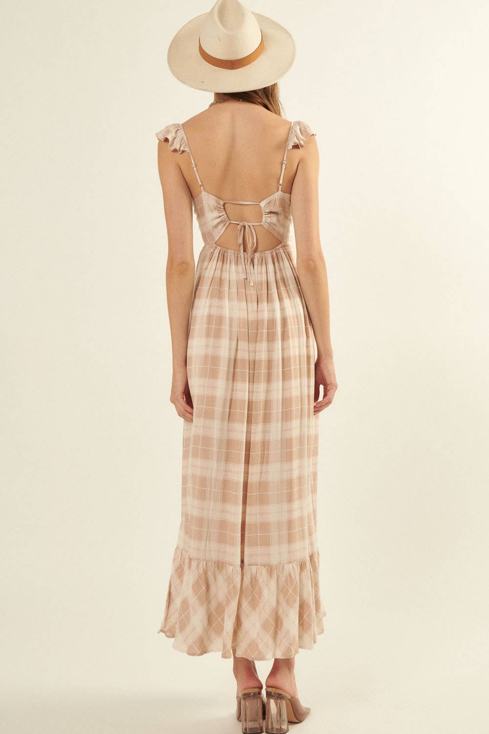 Plaid Sweetheart Sleeveless Open Back Maxi Dress