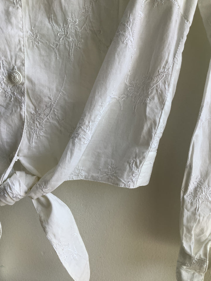 Embroidered Tie-Front Cotton Blouse