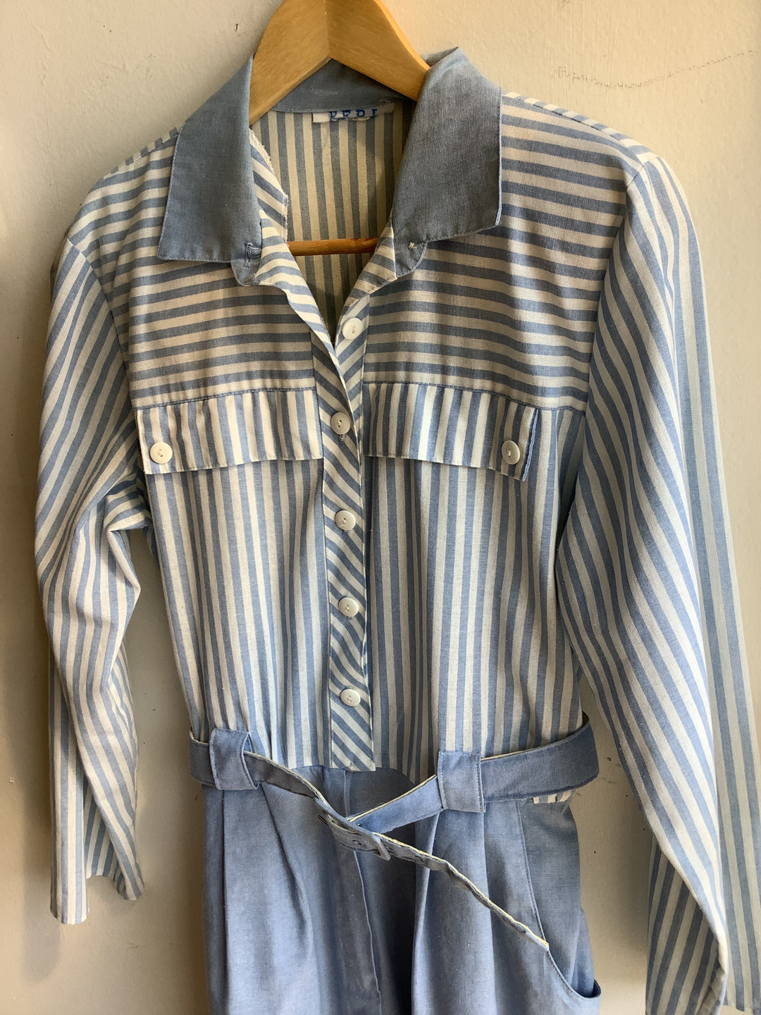 Vintage Blue Striped Belted Jumpsuit