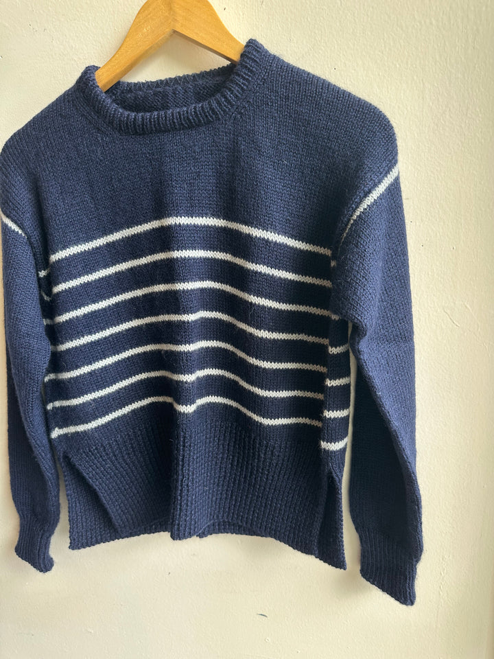 Debbie Svensson Hand Knit Navy Striped 100% Wool Sweater