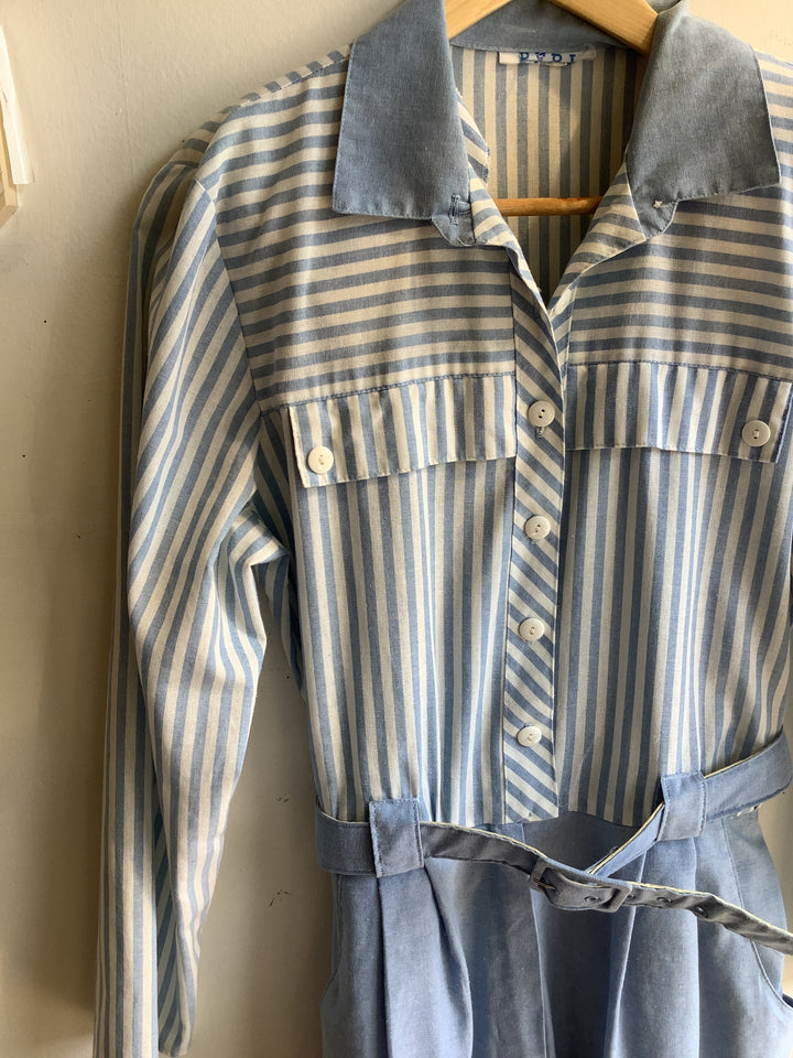 Vintage Blue Striped Belted Jumpsuit