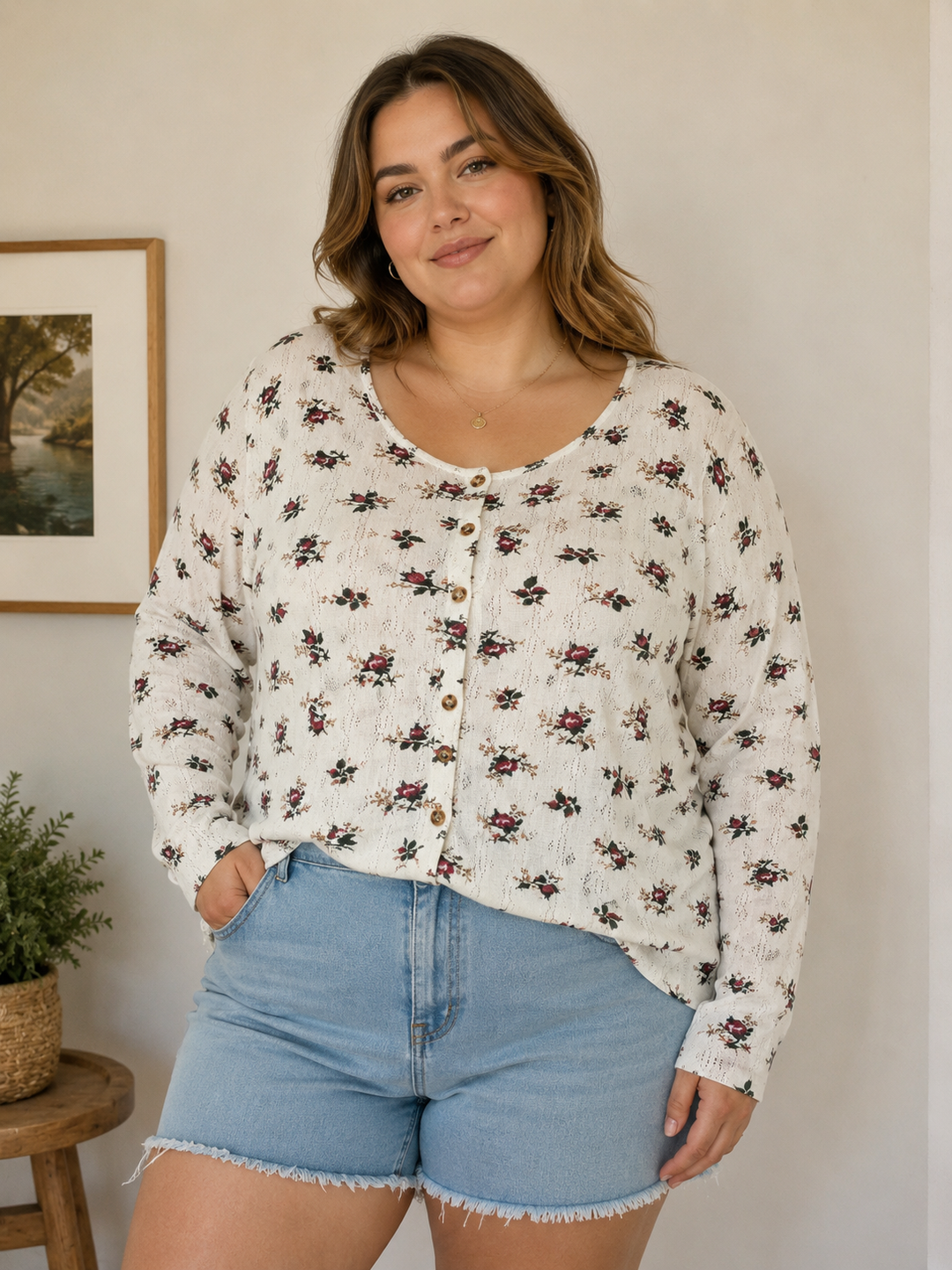 Vintage Lady Plus Rosebud Pointelle Button Cardigan Top