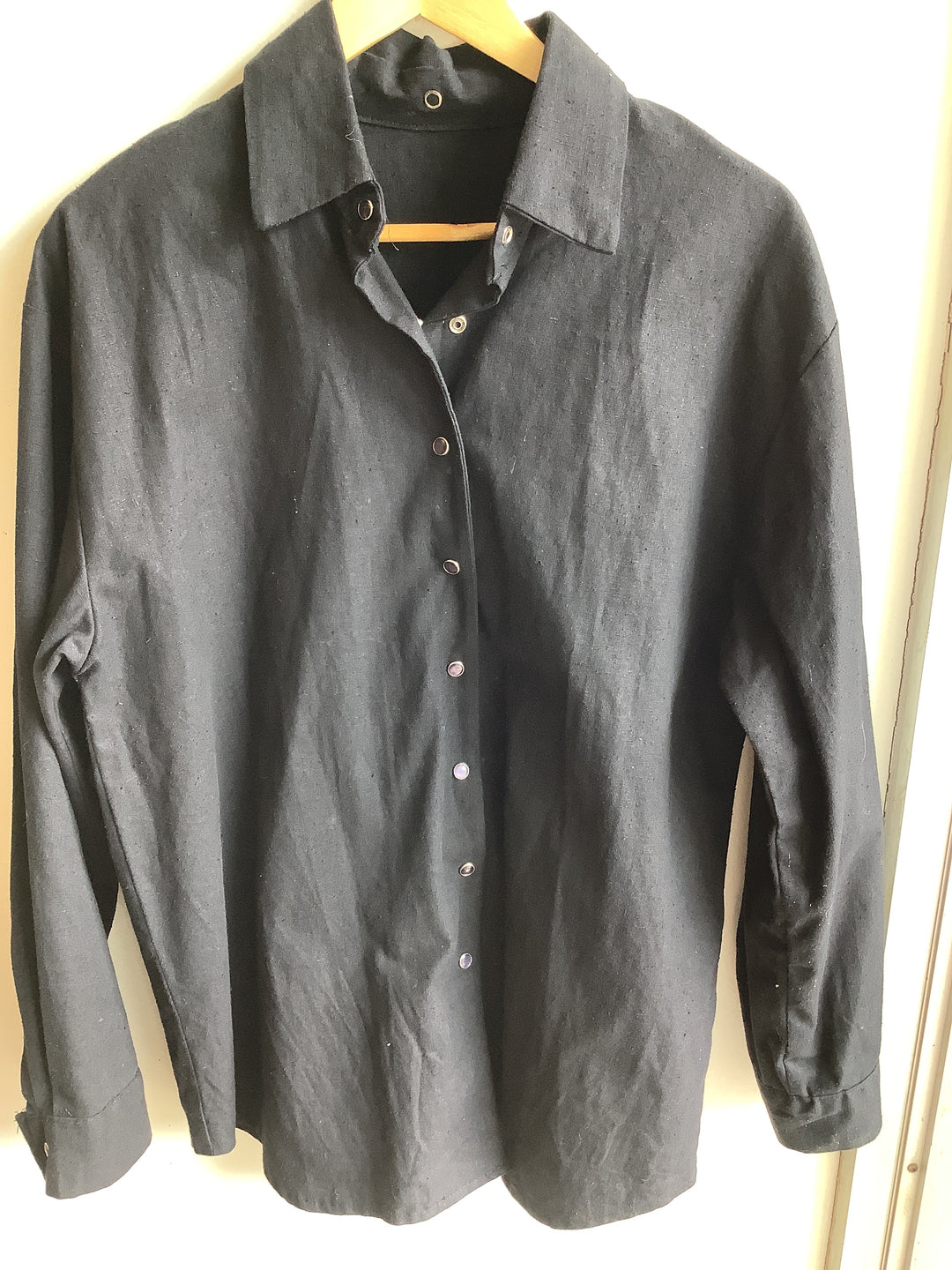 Black Linen+Cotton Blend Button Up