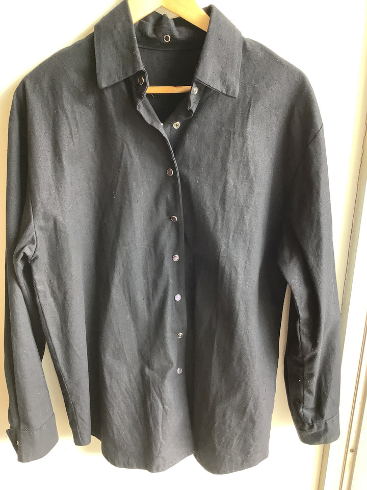 Black Linen+Cotton Blend Button Up