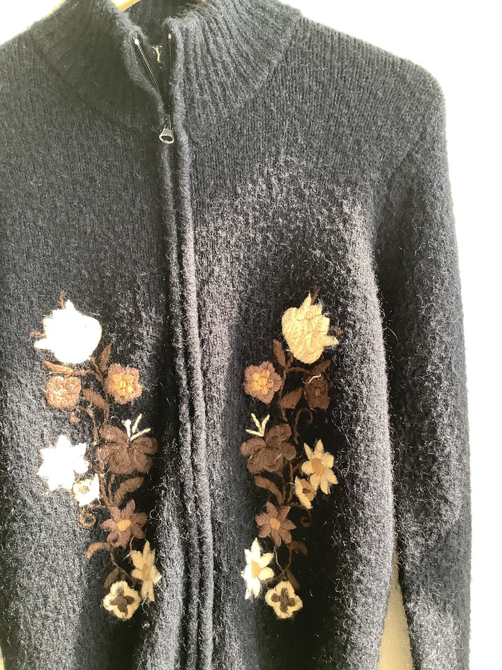 Vintage Black Floral Embroidered Zip Cardigan
